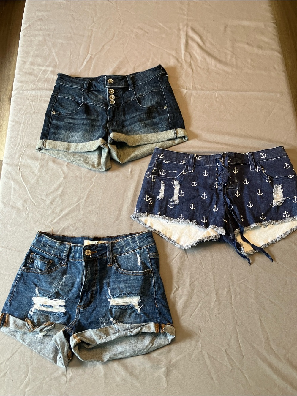 Pack of 3 Women's Dark Blue Denim Shorts - Rolled, Distressed & Anchor Print